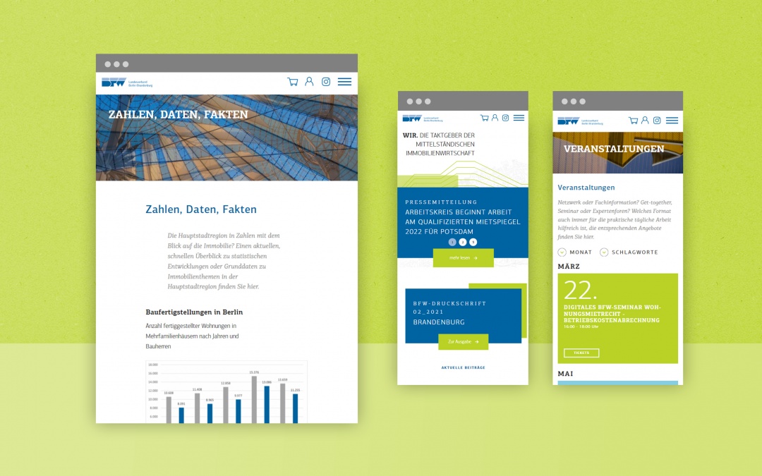 Drupal 9 Website des BFW (Mobile First, responsive Webdesign Darstellung)