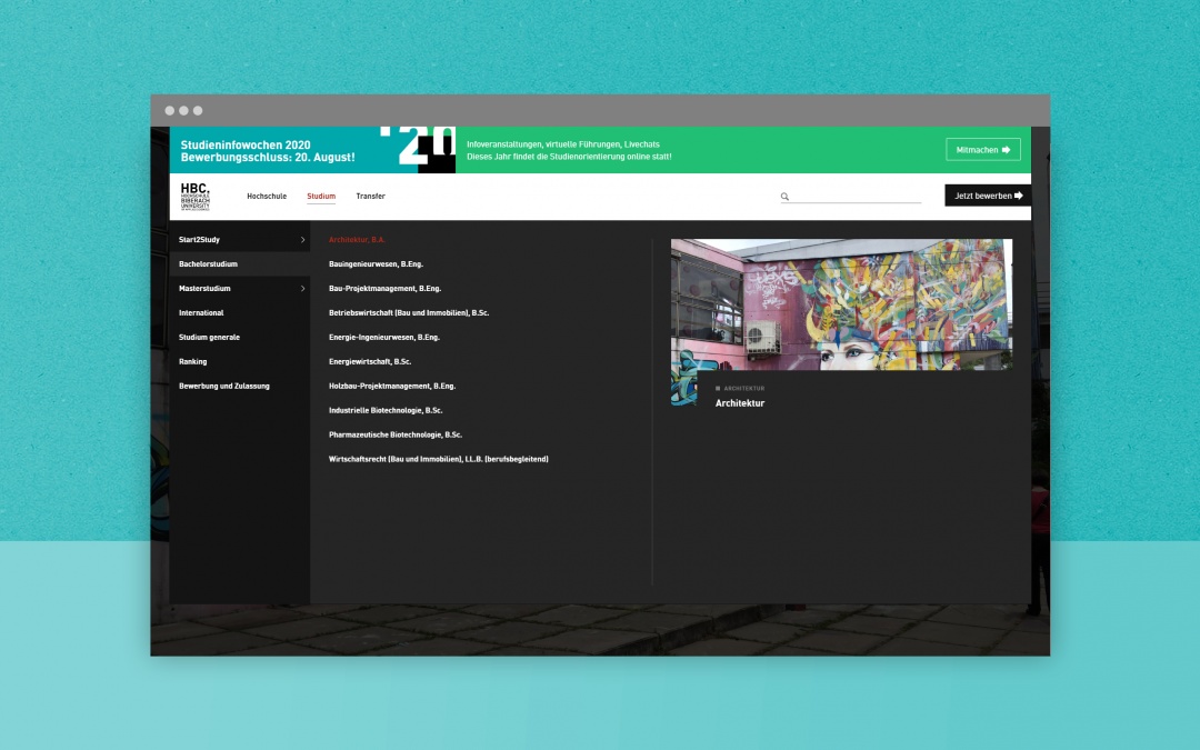 Hochschule Biberach Drupal 8 Website: Menü ausgeklappt