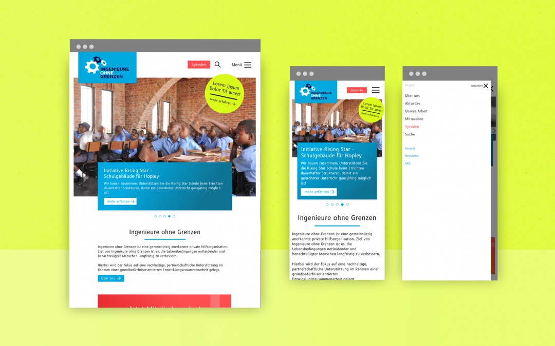 Ingenieure ohne Grenzen - Responsive Drupal 8 Website von leanlabs, der Webagentur aus Berlin (Screenshot 2, Tablet und Smartphone)