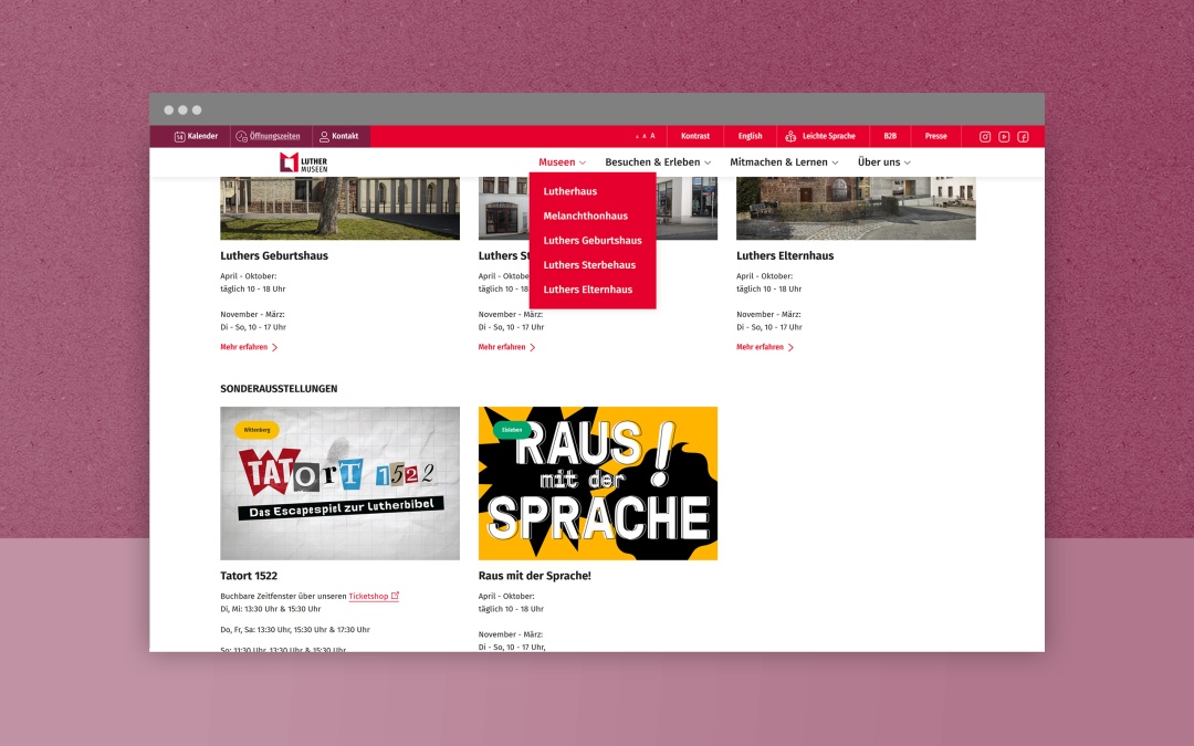 LutherMuseen Screenhot: Desktop-Darstellung des Drupal Webdesigns