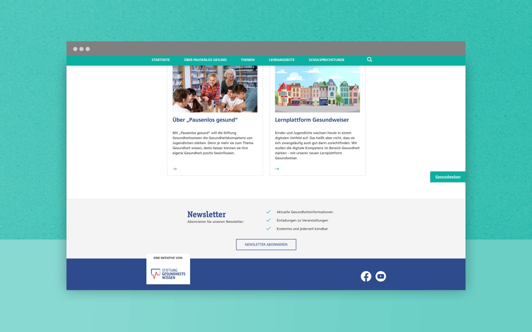 Webdesign Drupal der Website "Pausenlos Gesund", gescrollte Ansicht